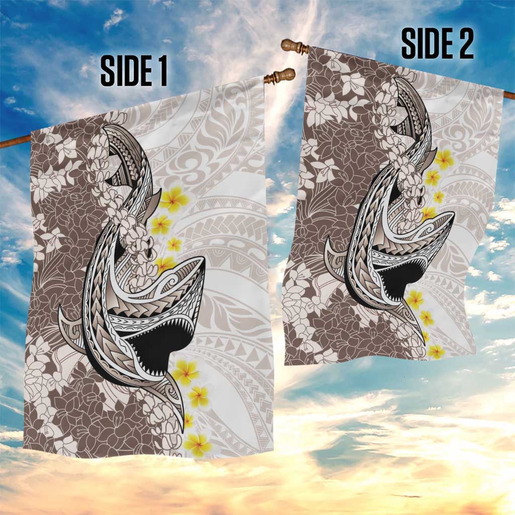 Brown and White Hawaii Shark Tattoo Garden Flag Puakenikeni Lei Plumeria Polynesian Pattern - Polynesian Pride