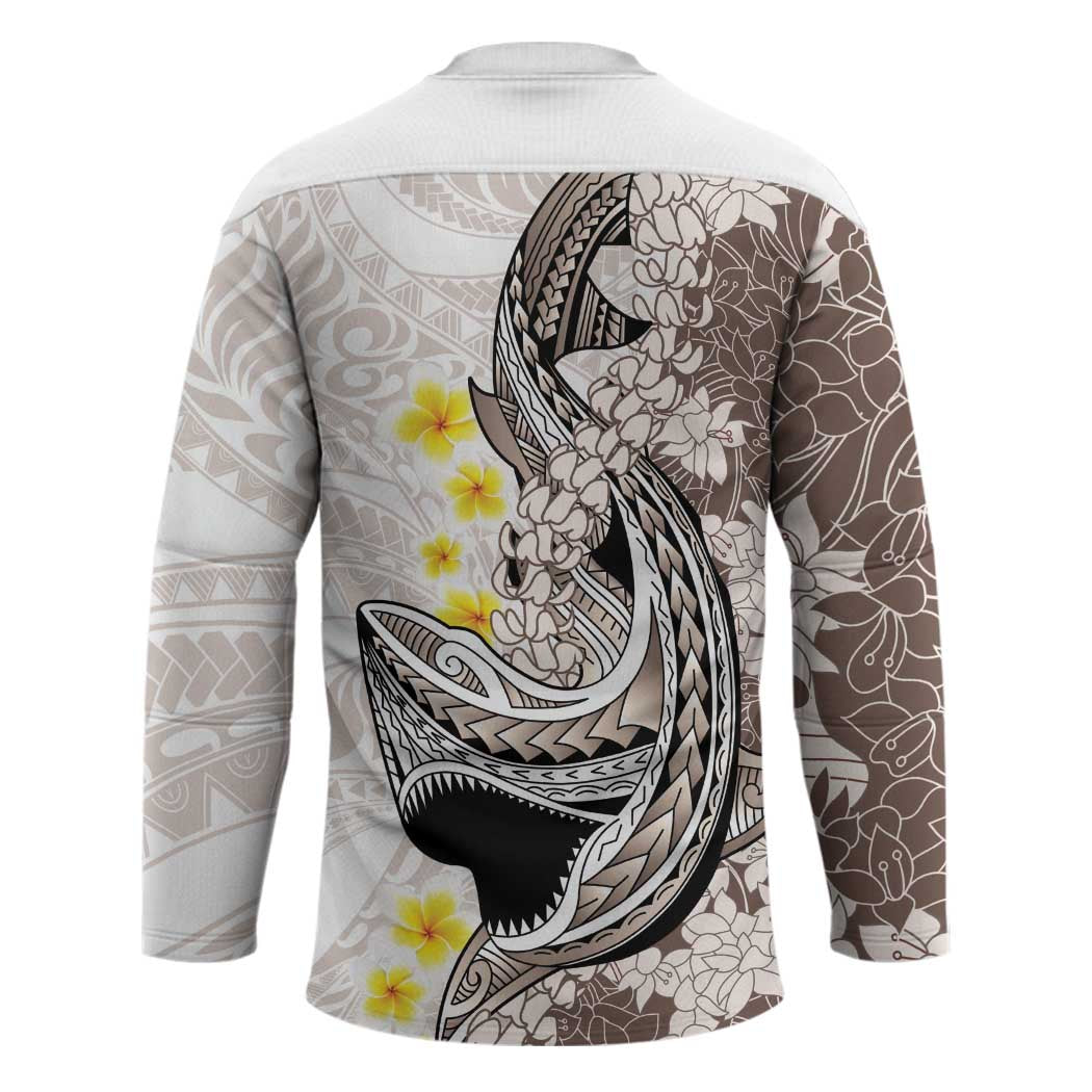 Brown and White Hawaii Shark Tattoo Hockey Jersey Puakenikeni Lei Plumeria Polynesian Pattern - Polynesian Pride