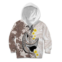 Brown and White Hawaii Shark Tattoo Kid Hoodie Puakenikeni Lei Plumeria Polynesian Pattern - Polynesian Pride