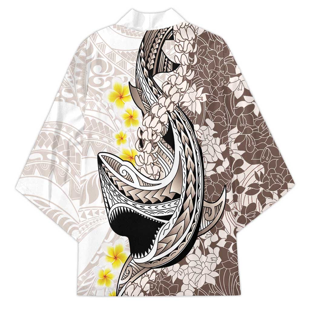 Brown and White Hawaii Shark Tattoo Kimono Puakenikeni Lei Plumeria Polynesian Pattern - Polynesian Pride