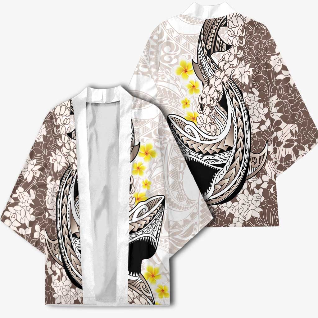 Brown and White Hawaii Shark Tattoo Kimono Puakenikeni Lei Plumeria Polynesian Pattern - Polynesian Pride