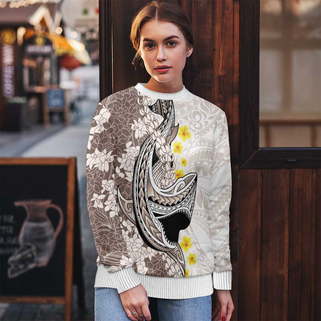 Brown and White Hawaii Shark Tattoo Ugly Christmas Sweater Puakenikeni Lei Plumeria Polynesian Pattern - Polynesian Pride