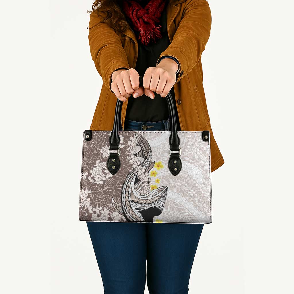 Brown and White Hawaii Shark Tattoo Leather Bag Puakenikeni Lei Plumeria Polynesian Pattern - Polynesian Pride