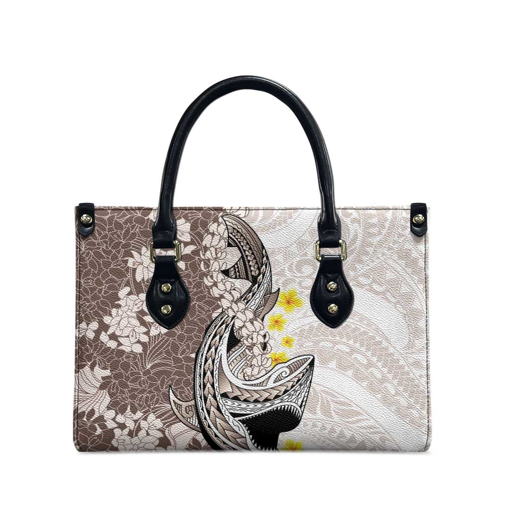 Brown and White Hawaii Shark Tattoo Leather Bag Puakenikeni Lei Plumeria Polynesian Pattern - Polynesian Pride
