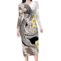 Brown and White Hawaii Shark Tattoo Long Sleeve Bodycon Dress Puakenikeni Lei Plumeria Polynesian Pattern - Polynesian Pride