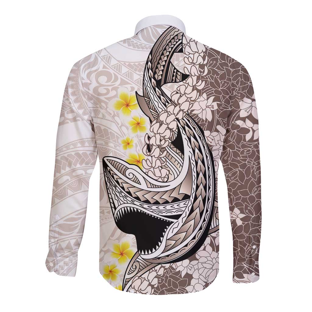 Brown and White Hawaii Shark Tattoo Long Sleeve Button Shirt Puakenikeni Lei Plumeria Polynesian Pattern - Polynesian Pride