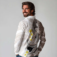 Brown and White Hawaii Shark Tattoo Long Sleeve Polo Shirt Puakenikeni Lei Plumeria Polynesian Pattern - Polynesian Pride