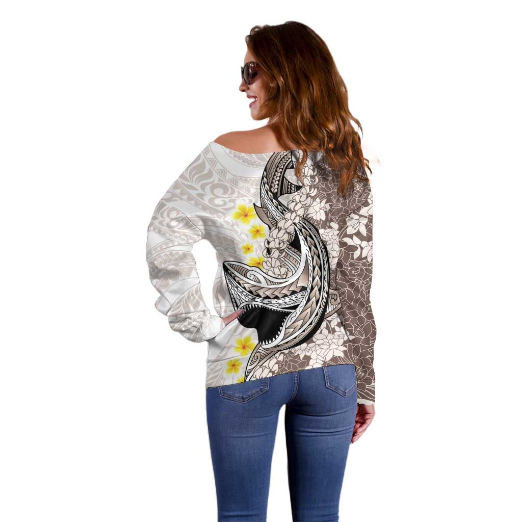 Brown and White Hawaii Shark Tattoo Off Shoulder Sweater Puakenikeni Lei Plumeria Polynesian Pattern - Polynesian Pride