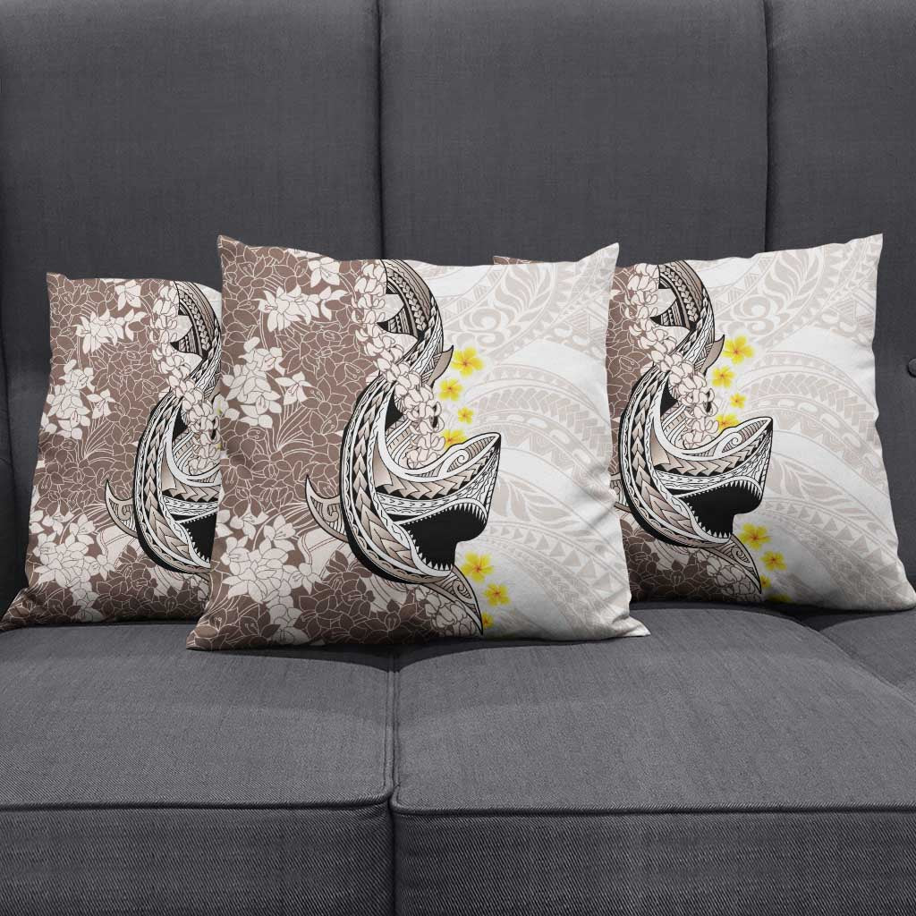 Brown and White Hawaii Shark Tattoo Pillow Cover Puakenikeni Lei Plumeria Polynesian Pattern - Polynesian Pride