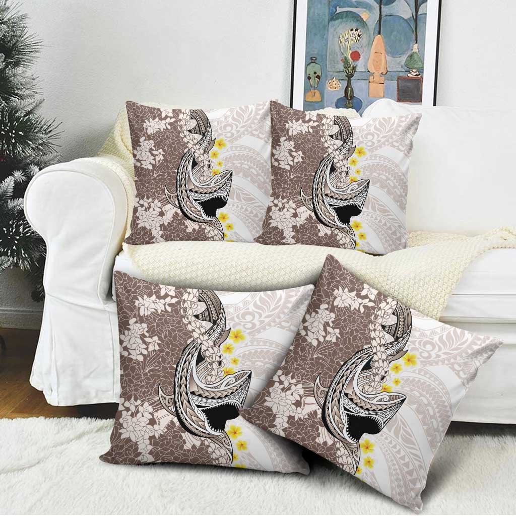 Brown and White Hawaii Shark Tattoo Pillow Cover Puakenikeni Lei Plumeria Polynesian Pattern - Polynesian Pride
