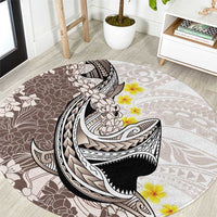 Brown and White Hawaii Shark Tattoo Round Carpet Puakenikeni Lei Plumeria Polynesian Pattern - Polynesian Pride