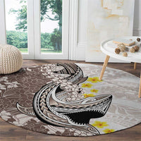 Brown and White Hawaii Shark Tattoo Round Carpet Puakenikeni Lei Plumeria Polynesian Pattern - Polynesian Pride