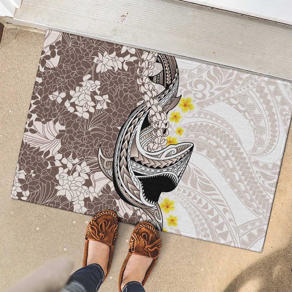 Brown and White Hawaii Shark Tattoo Rubber Doormat Puakenikeni Lei Plumeria Polynesian Pattern - Polynesian Pride