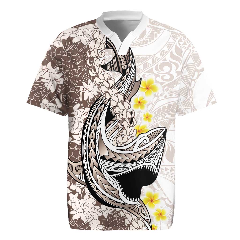 Brown and White Hawaii Shark Tattoo Rugby Jersey Puakenikeni Lei Plumeria Polynesian Pattern - Polynesian Pride