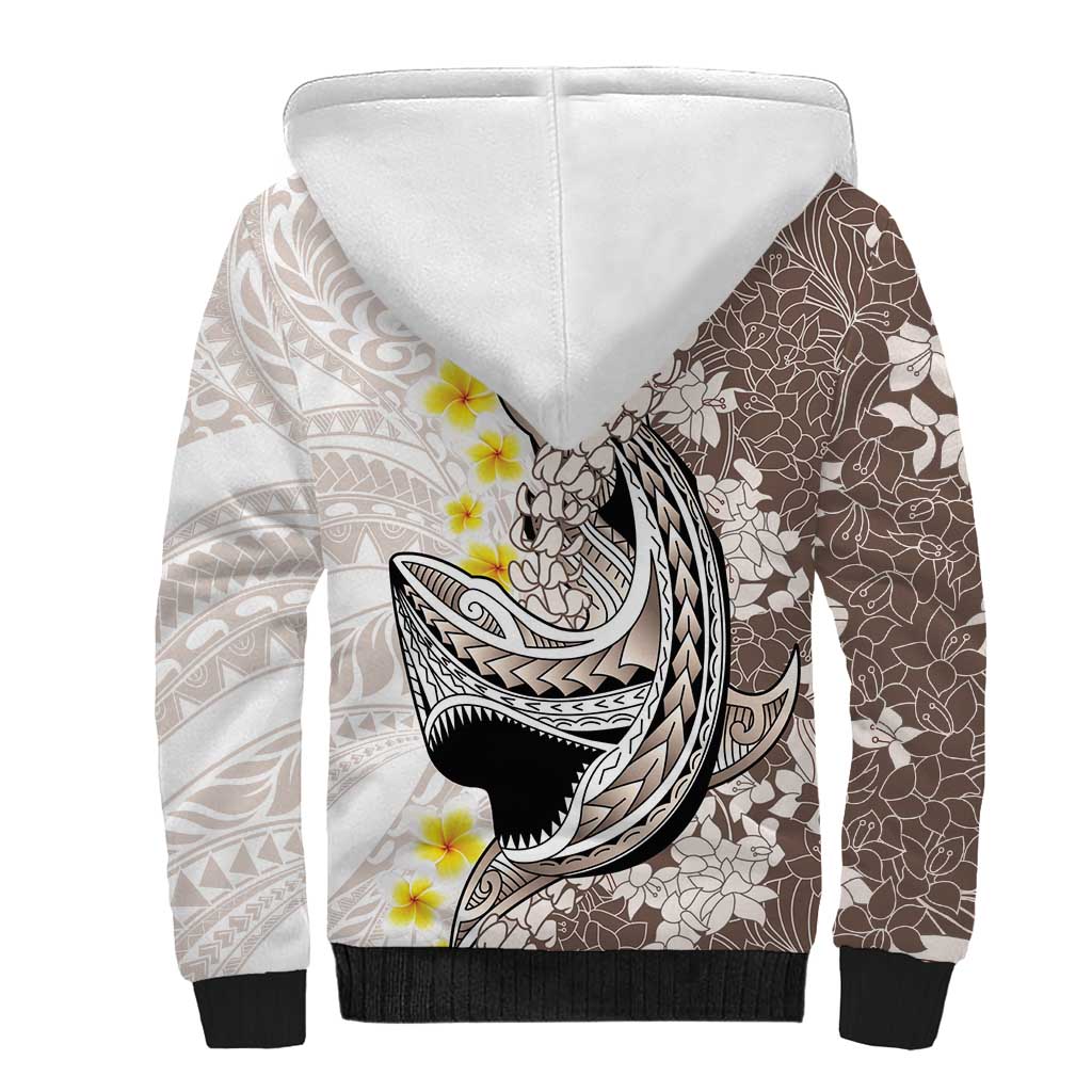 Brown and White Hawaii Shark Tattoo Sherpa Hoodie Puakenikeni Lei Plumeria Polynesian Pattern - Polynesian Pride