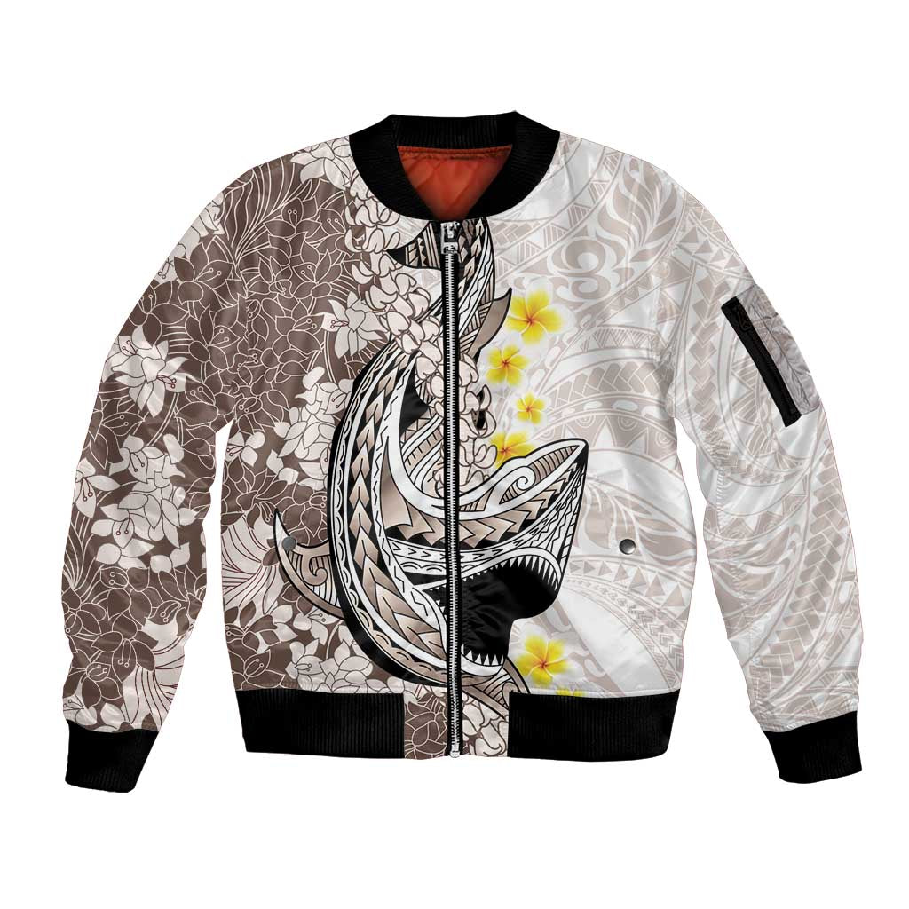 Brown and White Hawaii Shark Tattoo Sleeve Zip Bomber Jacket Puakenikeni Lei Plumeria Polynesian Pattern - Polynesian Pride