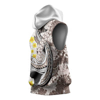 Brown and White Hawaii Shark Tattoo Sleeveless Hoodie Puakenikeni Lei Plumeria Polynesian Pattern - Polynesian Pride
