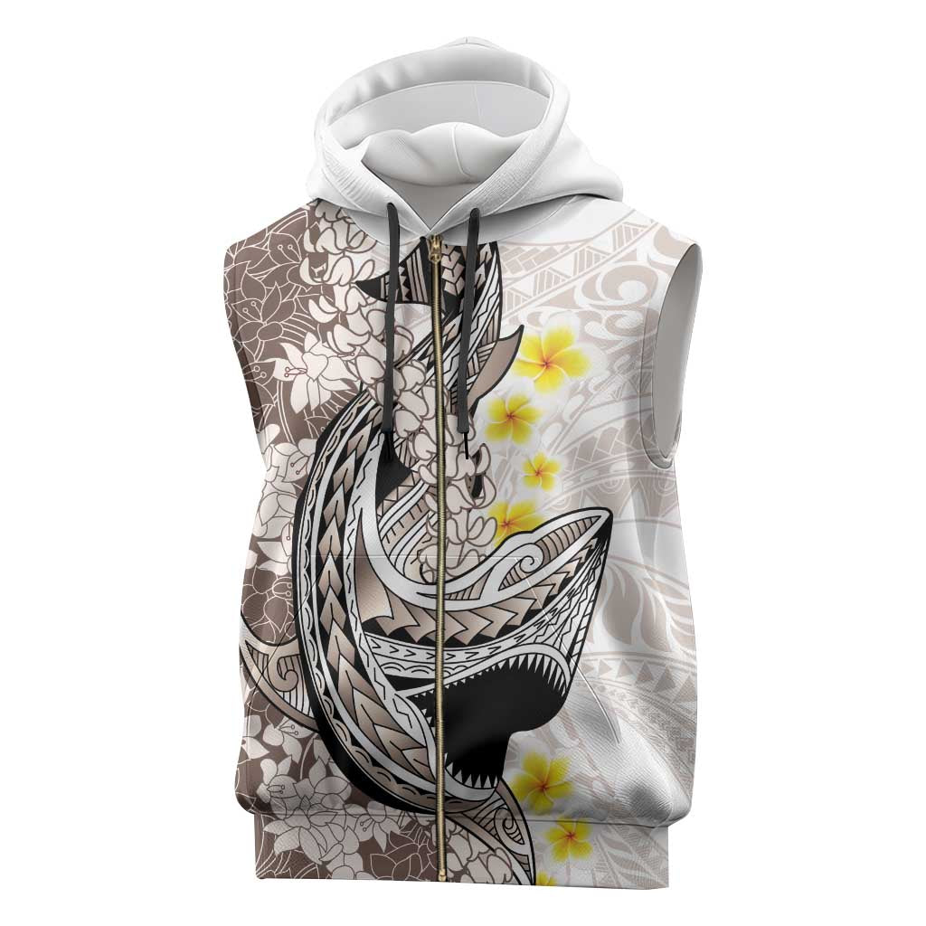 Brown and White Hawaii Shark Tattoo Sleeveless Zip Hoodie Puakenikeni Lei Plumeria Polynesian Pattern - Polynesian Pride