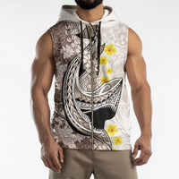 Brown and White Hawaii Shark Tattoo Sleeveless Zip Hoodie Puakenikeni Lei Plumeria Polynesian Pattern - Polynesian Pride