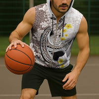 Brown and White Hawaii Shark Tattoo Sleeveless Zip Hoodie Puakenikeni Lei Plumeria Polynesian Pattern - Polynesian Pride