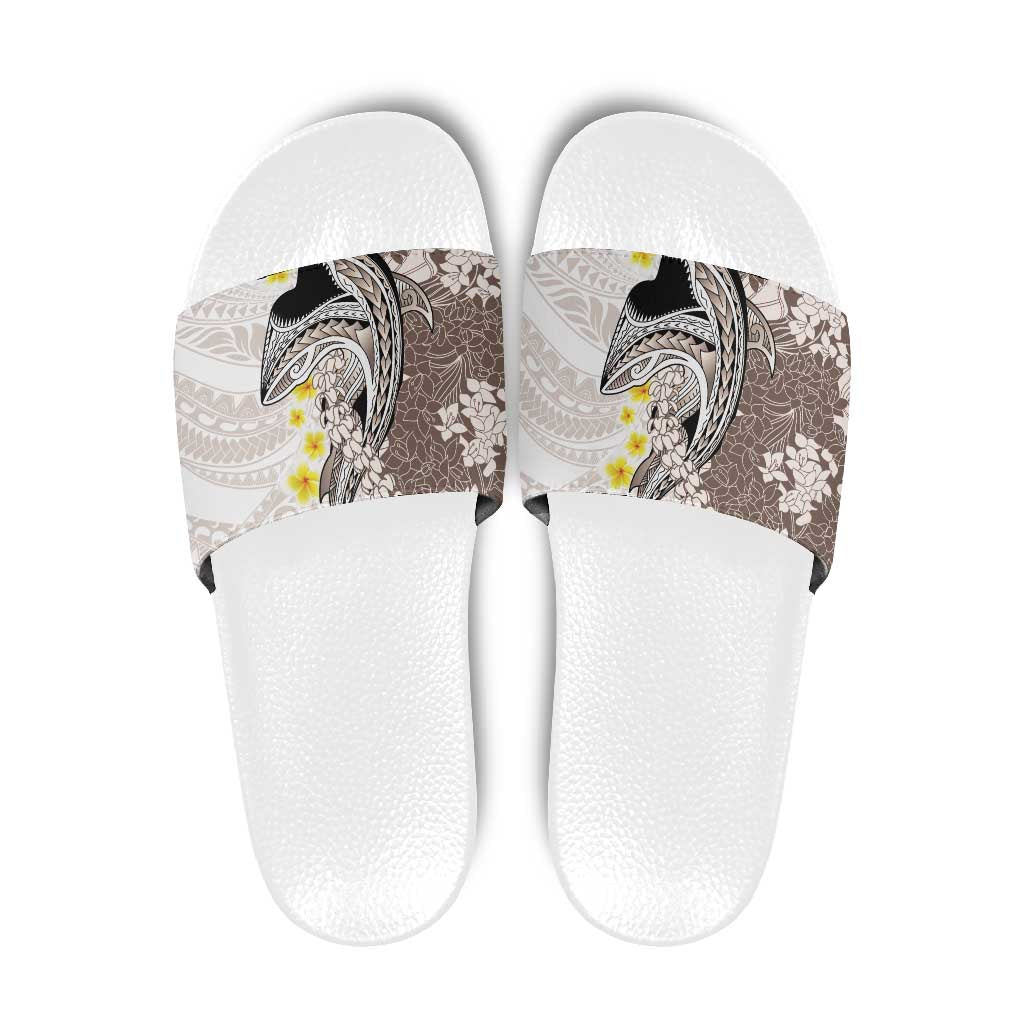 Brown and White Hawaii Shark Tattoo Slide Sandals Puakenikeni Lei Plumeria Polynesian Pattern - Polynesian Pride