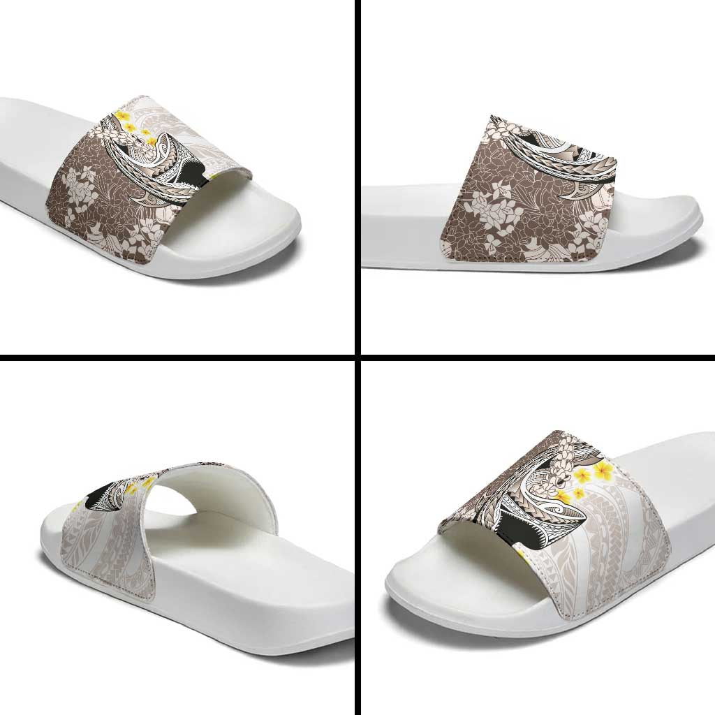 Brown and White Hawaii Shark Tattoo Slide Sandals Puakenikeni Lei Plumeria Polynesian Pattern - Polynesian Pride