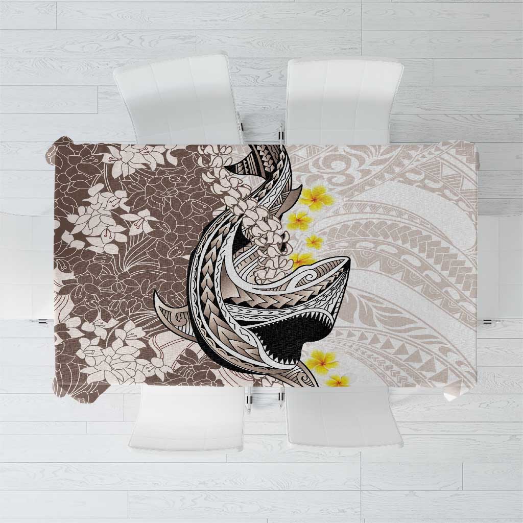 Brown and White Hawaii Shark Tattoo Tablecloth Puakenikeni Lei Plumeria Polynesian Pattern - Polynesian Pride