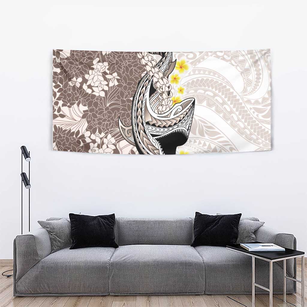 Brown and White Hawaii Shark Tattoo Tapestry Puakenikeni Lei Plumeria Polynesian Pattern - Polynesian Pride