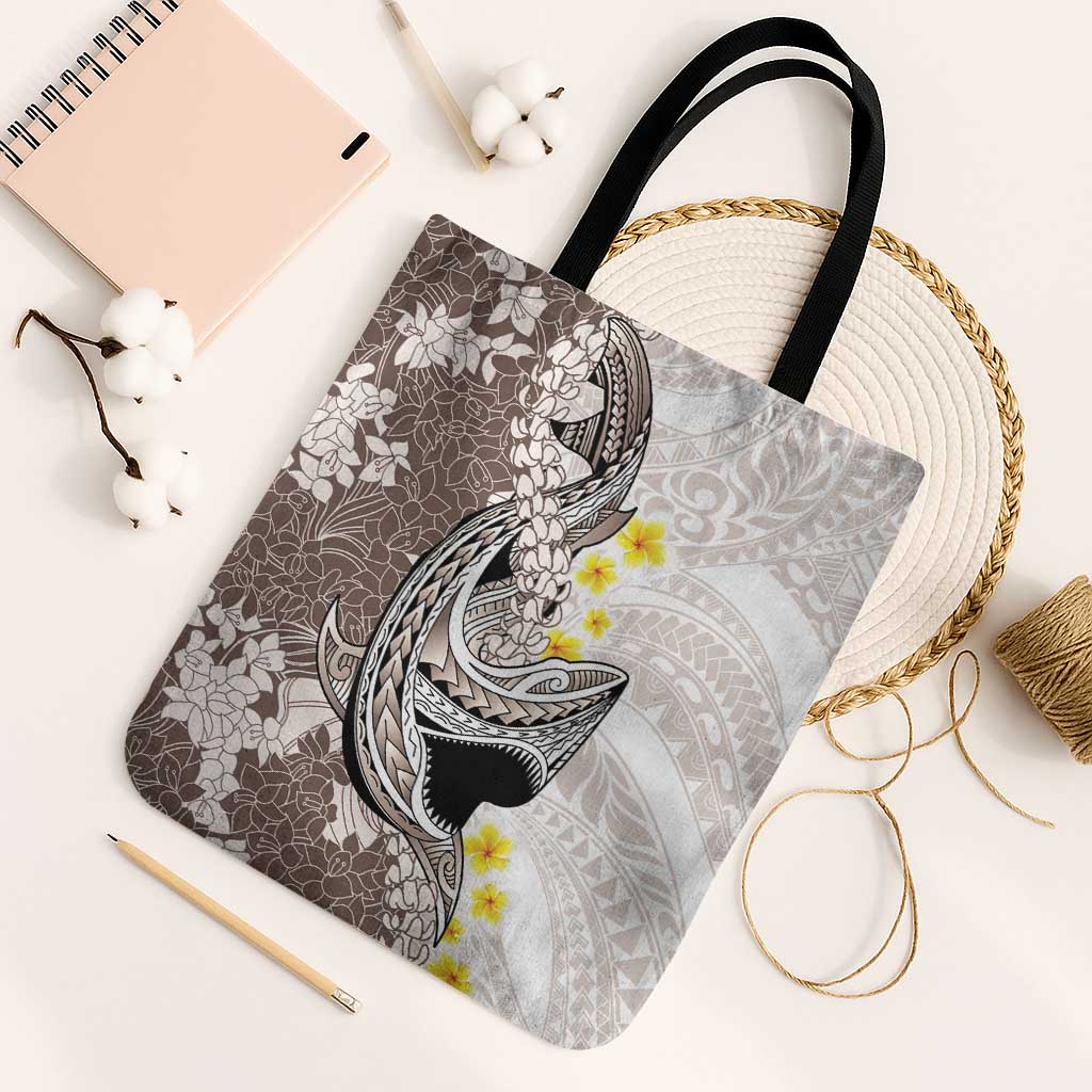 Brown and White Hawaii Shark Tattoo Tote Bag Puakenikeni Lei Plumeria Polynesian Pattern - Polynesian Pride