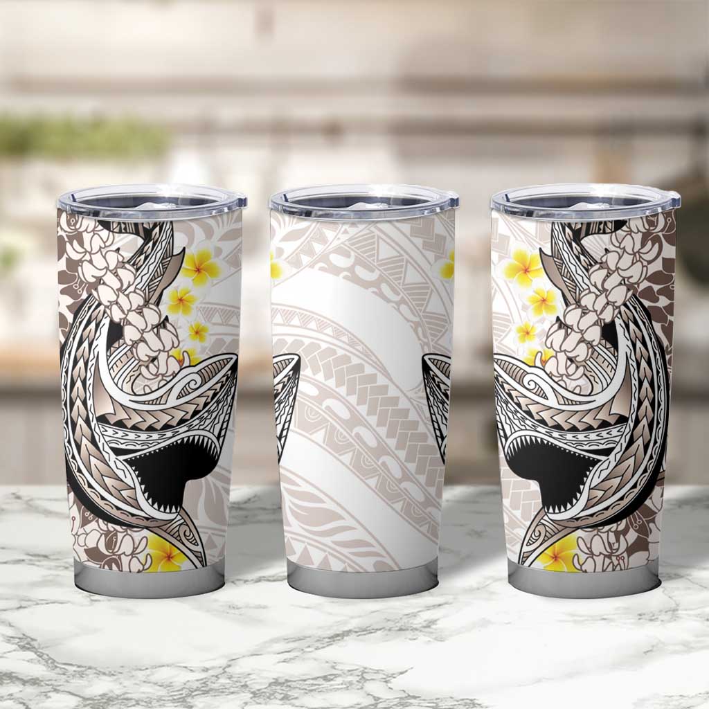 Brown and White Hawaii Shark Tattoo Tumbler Cup Puakenikeni Lei Plumeria Polynesian Pattern - Polynesian Pride