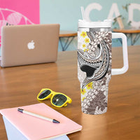 Brown and White Hawaii Shark Tattoo Tumbler With Handle Puakenikeni Lei Plumeria Polynesian Pattern - Polynesian Pride