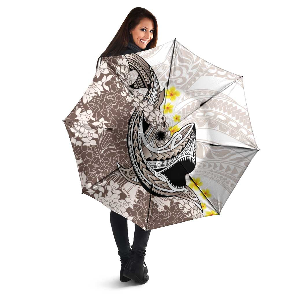Brown and White Hawaii Shark Tattoo Umbrella Puakenikeni Lei Plumeria Polynesian Pattern - Polynesian Pride