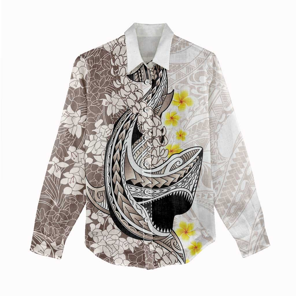Brown and White Hawaii Shark Tattoo Women Casual Shirt Puakenikeni Lei Plumeria Polynesian Pattern - Polynesian Pride