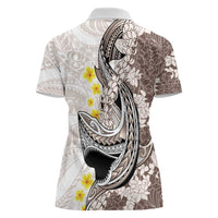 Brown and White Hawaii Shark Tattoo Women Polo Shirt Puakenikeni Lei Plumeria Polynesian Pattern - Polynesian Pride