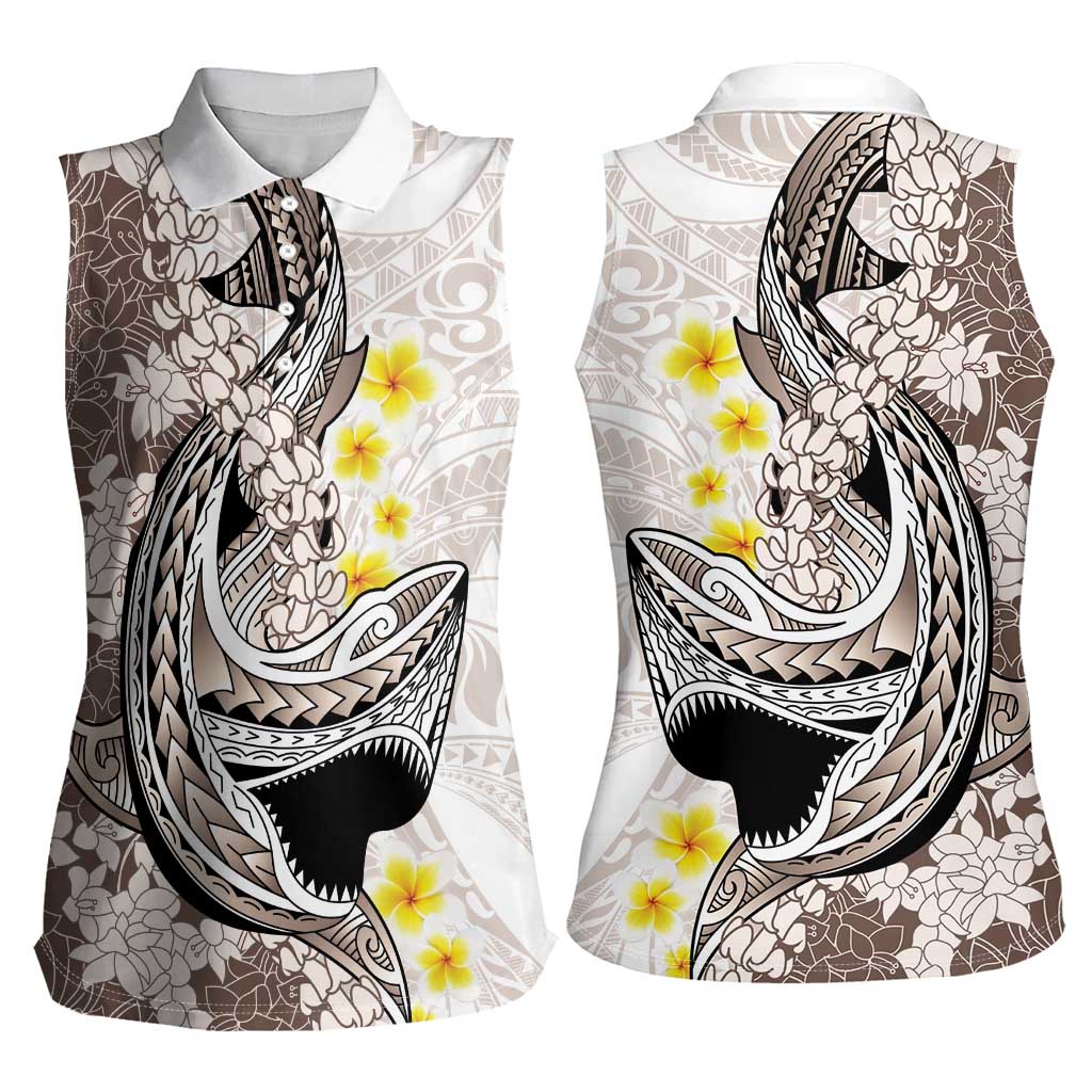 Brown and White Hawaii Shark Tattoo Women Sleeveless Polo Shirt Puakenikeni Lei Plumeria Polynesian Pattern - Polynesian Pride