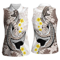 Brown and White Hawaii Shark Tattoo Women Sleeveless Polo Shirt Puakenikeni Lei Plumeria Polynesian Pattern - Polynesian Pride