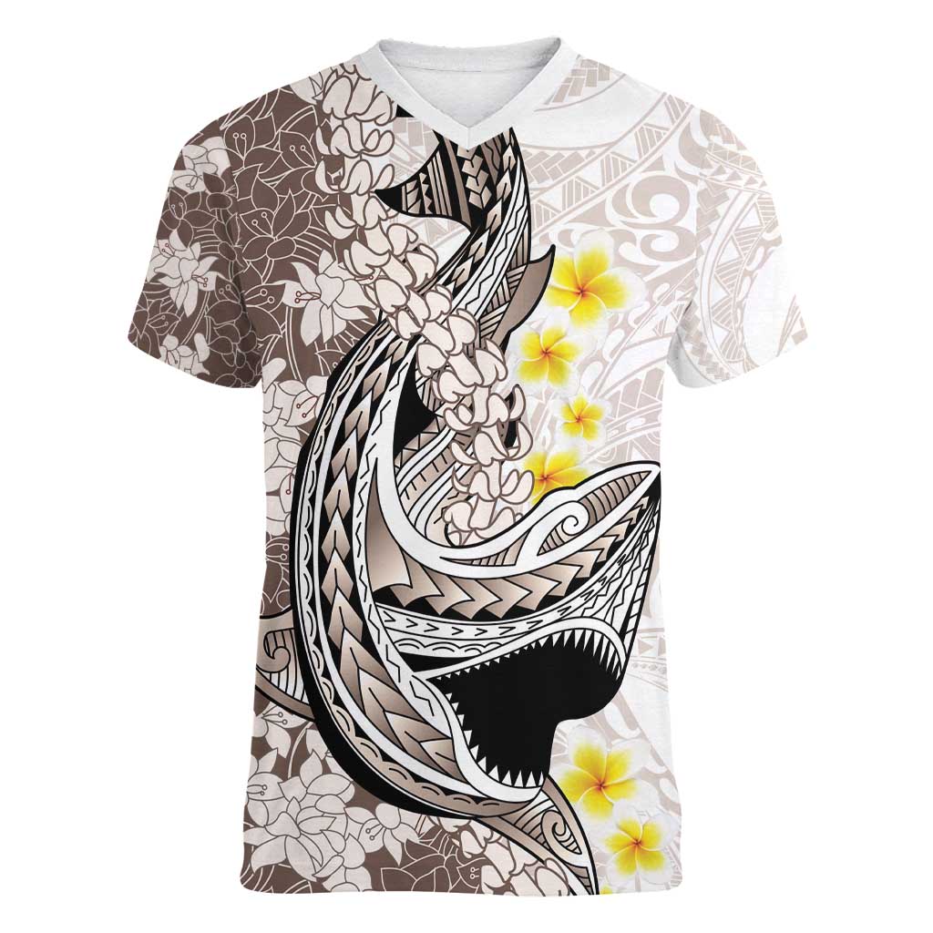 Brown and White Hawaii Shark Tattoo Women V-Neck T-Shirt Puakenikeni Lei Plumeria Polynesian Pattern - Polynesian Pride