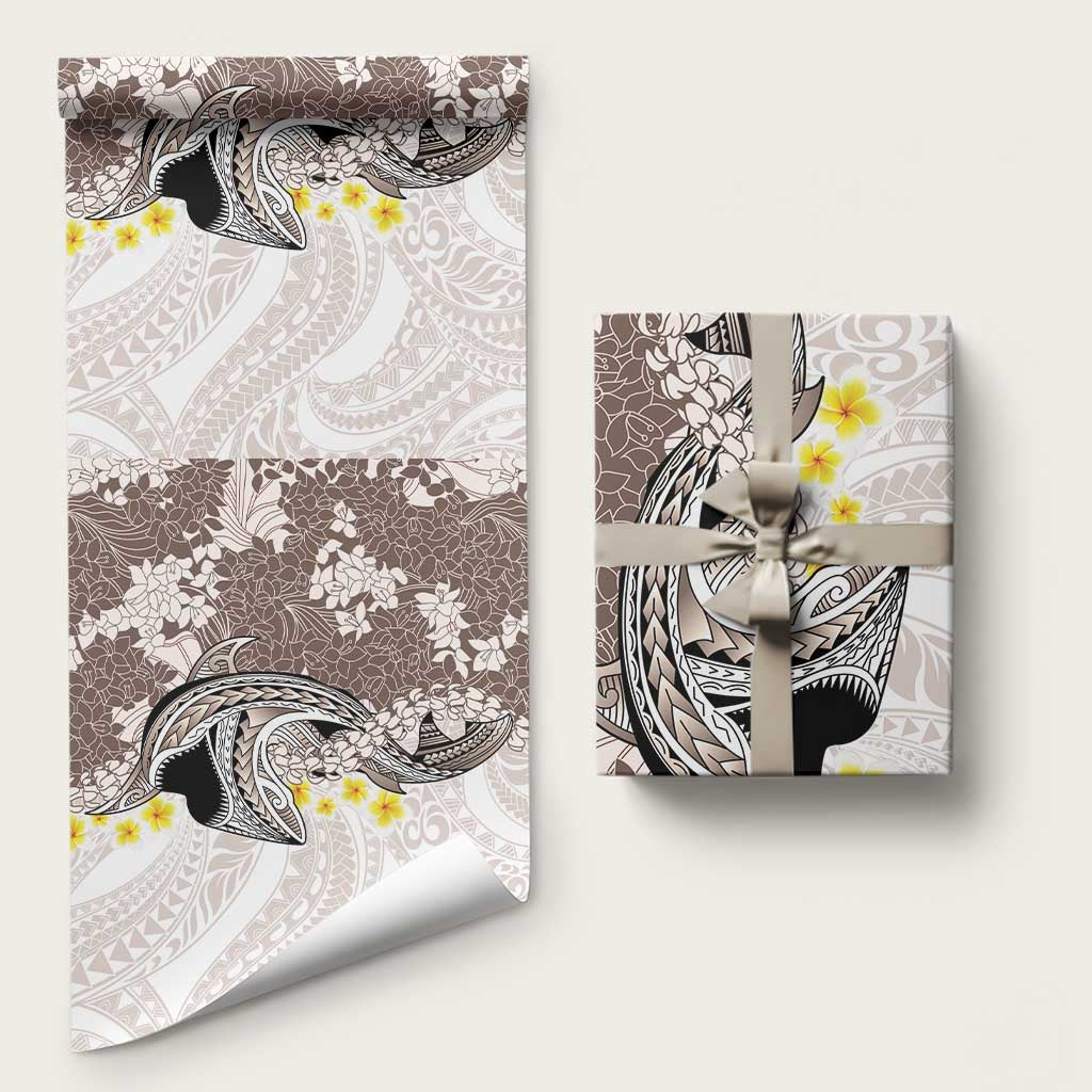 Brown and White Hawaii Shark Tattoo Wrapping Paper Puakenikeni Lei Plumeria Polynesian Pattern - Polynesian Pride