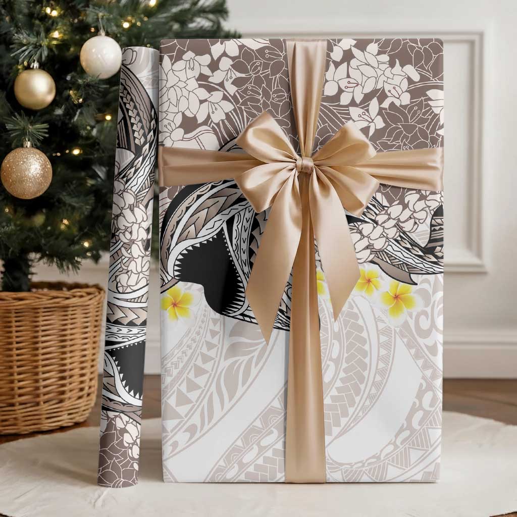Brown and White Hawaii Shark Tattoo Wrapping Paper Puakenikeni Lei Plumeria Polynesian Pattern - Polynesian Pride