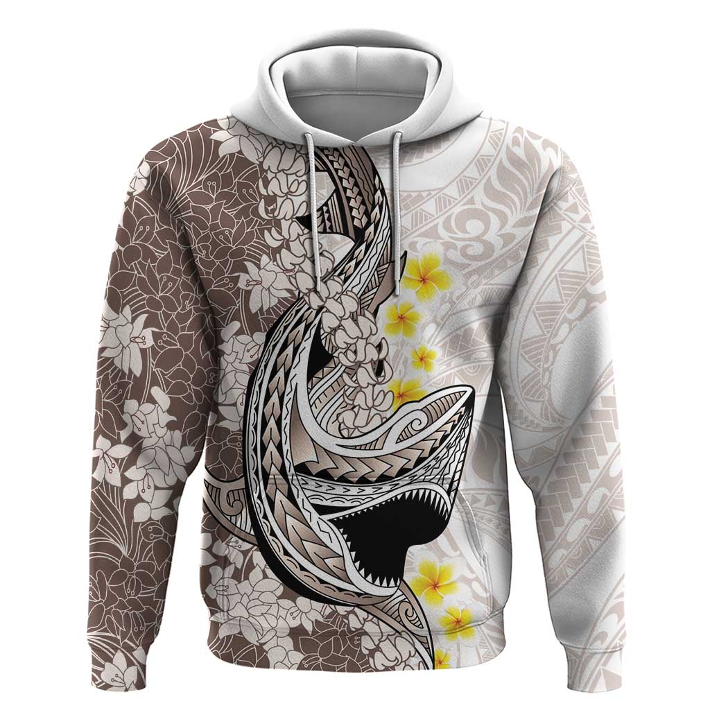 Brown and White Hawaii Shark Tattoo Zip Hoodie Puakenikeni Lei Plumeria Polynesian Pattern - Polynesian Pride