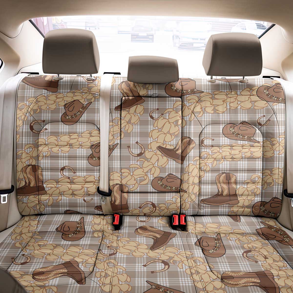 Khaki Palaka Hawaii Cowboy Back Car Seat Cover Puakenikeni Lei Paniolo Papale Seamless Vibes - Polynesian Pride