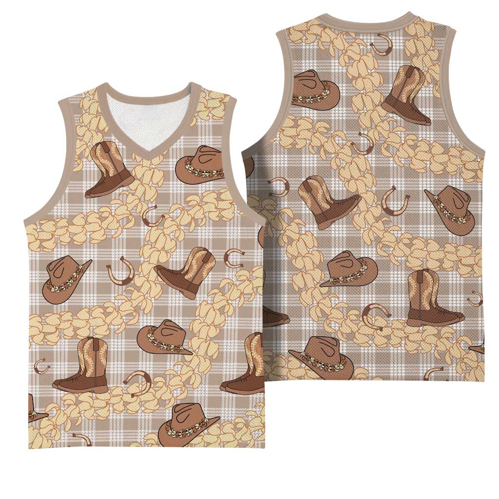 Khaki Palaka Hawaii Cowboy Basketball Jersey Puakenikeni Lei Paniolo Papale Seamless Vibes - Polynesian Pride