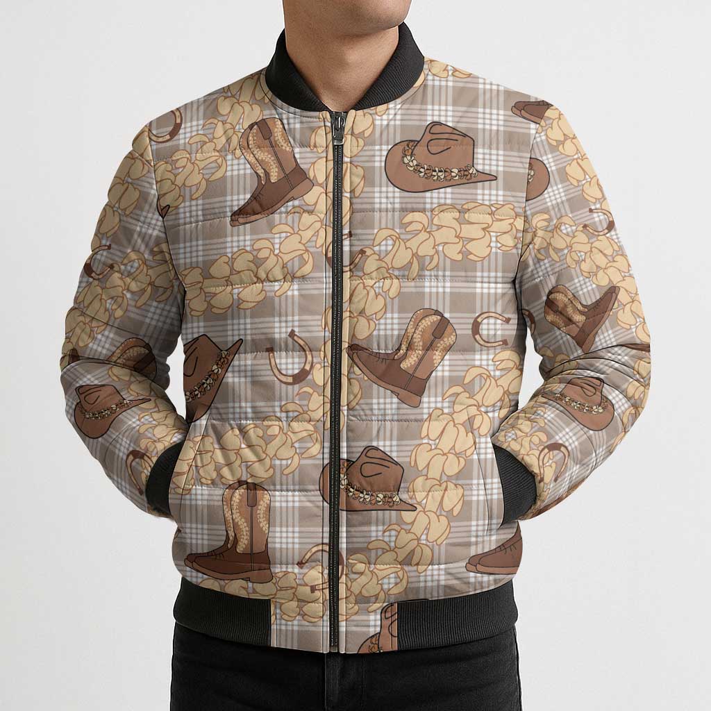Khaki Palaka Hawaii Cowboy Bomber Puffer Jacket Puakenikeni Lei Paniolo Papale Seamless Vibes - Polynesian Pride