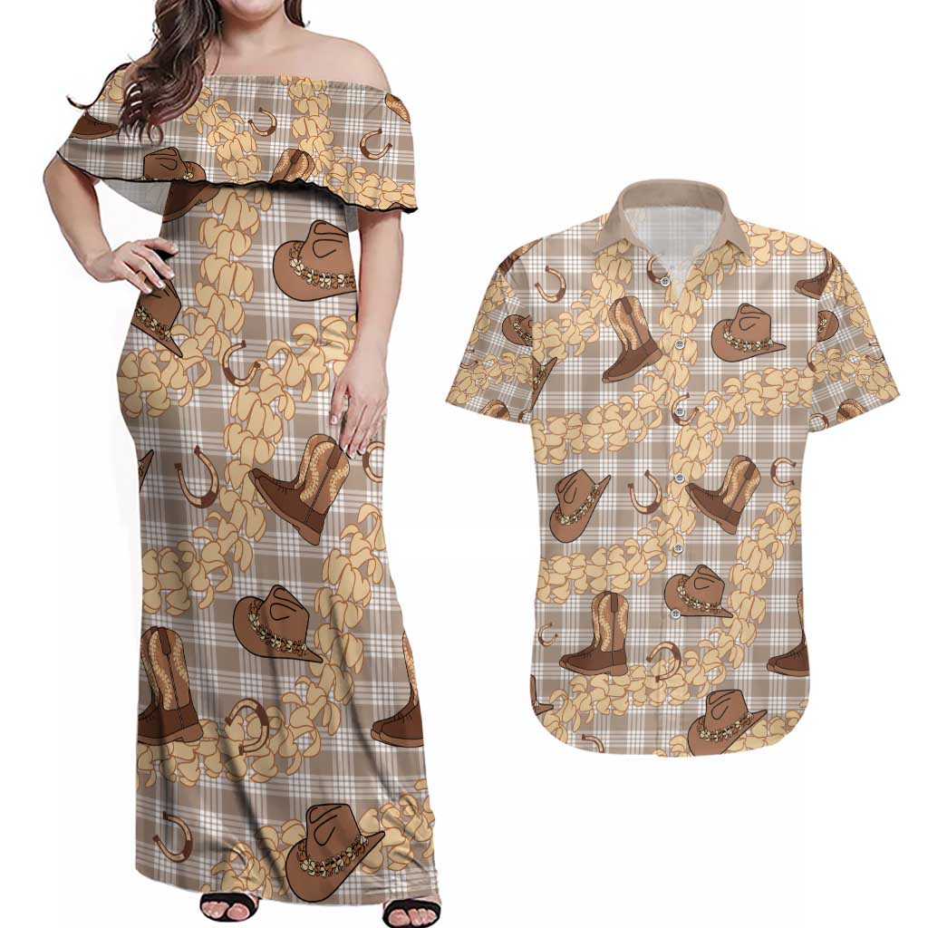 Khaki Palaka Hawaii Cowboy Couples Matching Off Shoulder Maxi Dress and Hawaiian Shirt Puakenikeni Lei Paniolo Papale Seamless Vibes - Polynesian Pride