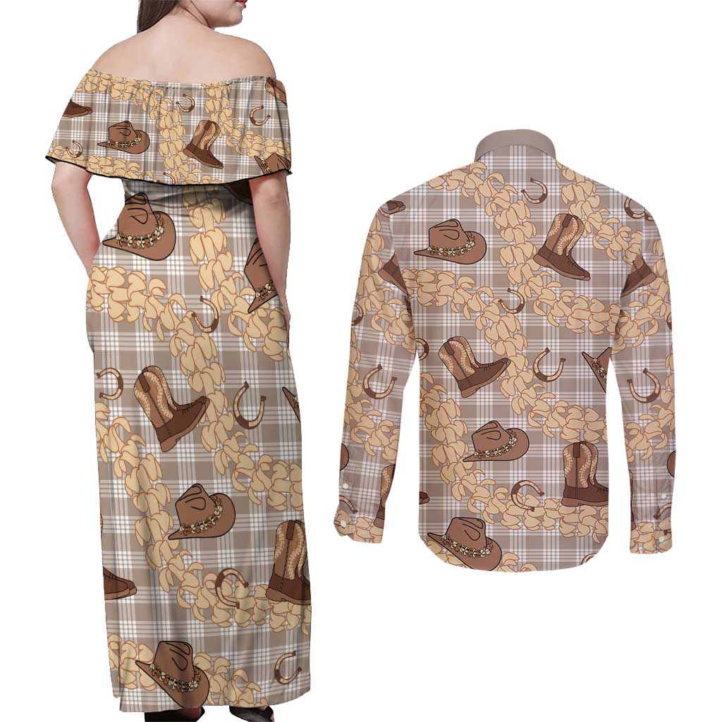 Khaki Palaka Hawaii Cowboy Couples Matching Off Shoulder Maxi Dress and Long Sleeve Button Shirt Puakenikeni Lei Paniolo Papale Seamless Vibes - Polynesian Pride