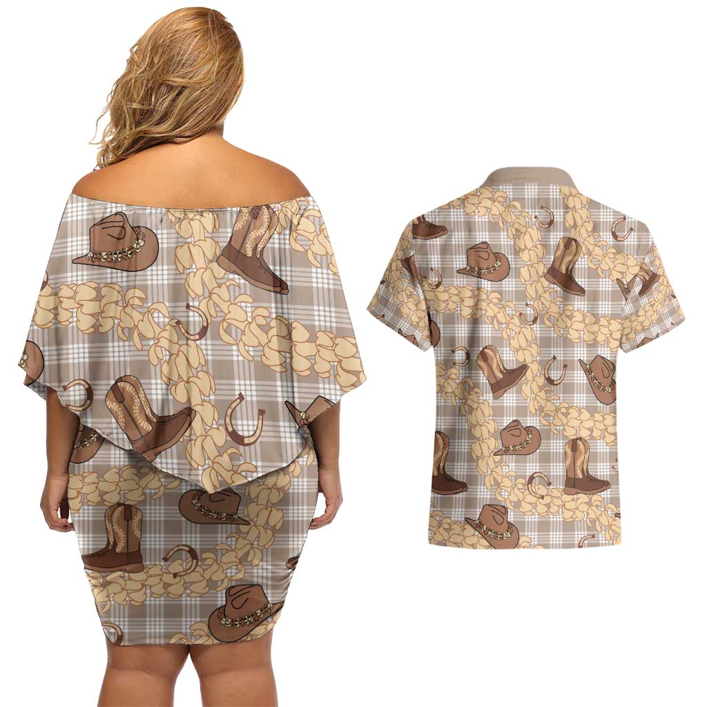 Khaki Palaka Hawaii Cowboy Couples Matching Off Shoulder Short Dress and Hawaiian Shirt Puakenikeni Lei Paniolo Papale Seamless Vibes - Polynesian Pride