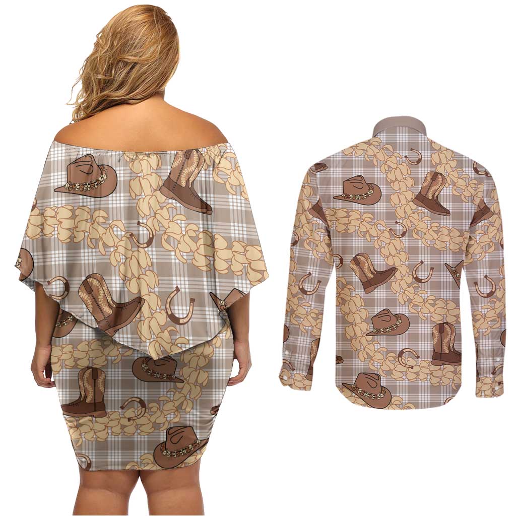 Khaki Palaka Hawaii Cowboy Couples Matching Off Shoulder Short Dress and Long Sleeve Button Shirt Puakenikeni Lei Paniolo Papale Seamless Vibes - Polynesian Pride