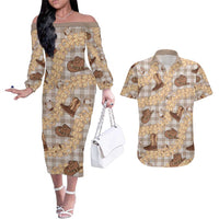 Khaki Palaka Hawaii Cowboy Couples Matching Off The Shoulder Long Sleeve Dress and Hawaiian Shirt Puakenikeni Lei Paniolo Papale Seamless Vibes - Polynesian Pride