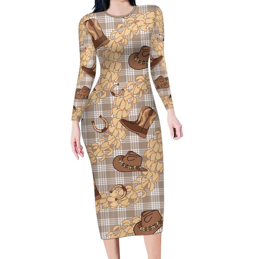 Khaki Palaka Hawaii Cowboy Family Matching Long Sleeve Bodycon Dress and Hawaiian Shirt Puakenikeni Lei Paniolo Papale Seamless Vibes LT14 Mom's Dress Khaki - Polynesian Pride