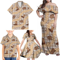 Khaki Palaka Hawaii Cowboy Family Matching Off Shoulder Maxi Dress and Hawaiian Shirt Puakenikeni Lei Paniolo Papale Seamless Vibes - Polynesian Pride
